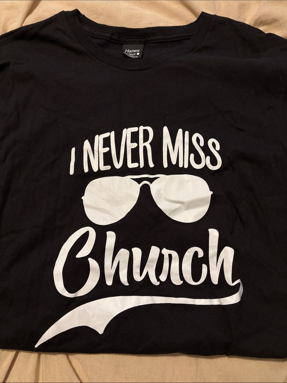 Black Graphic Tee with White 'I Never Miss Church' Print (Eric Church)